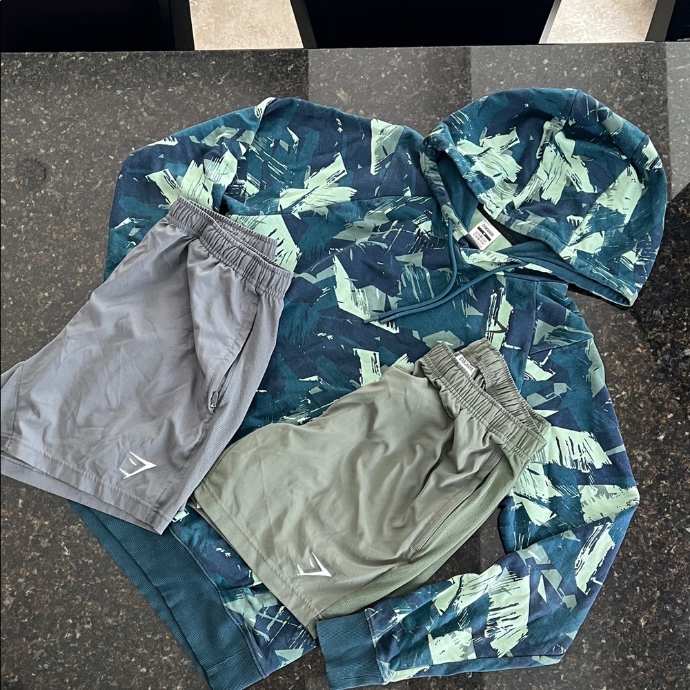Gymshark blue, green Patterned Hoodie bundle w/ green and gray shorts- all Med.